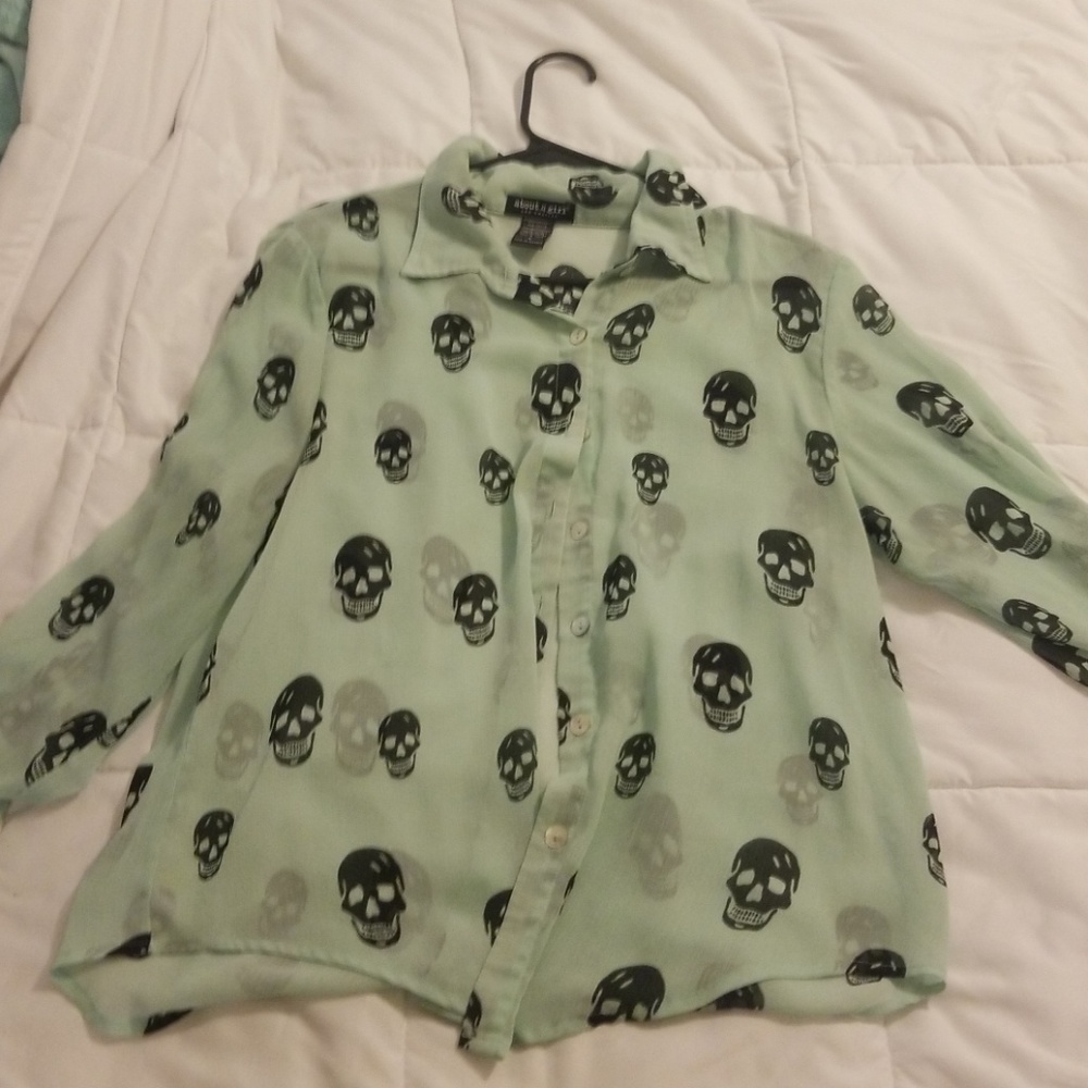 Mint green skull button up